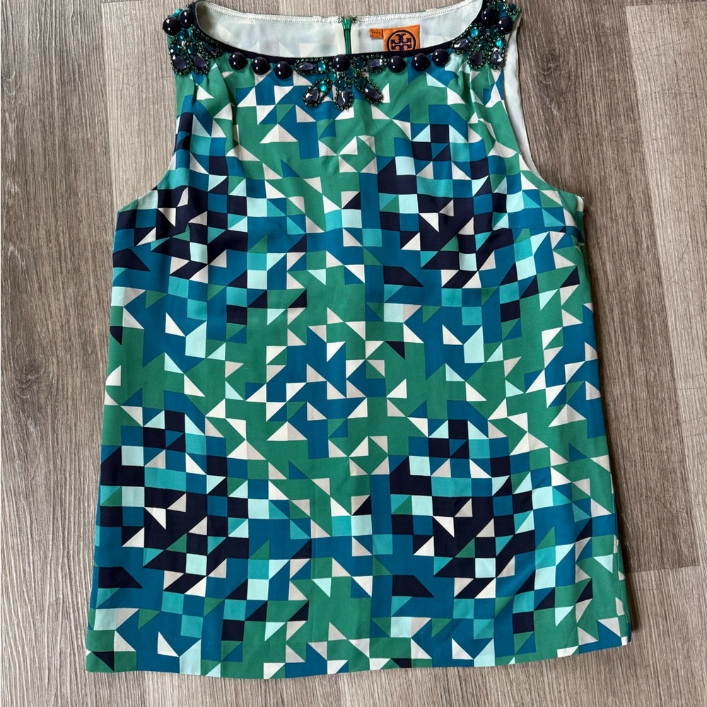 Tory Burch 100% Silk Geometric Print Embellished Neckline Sleeveless Top Size 8